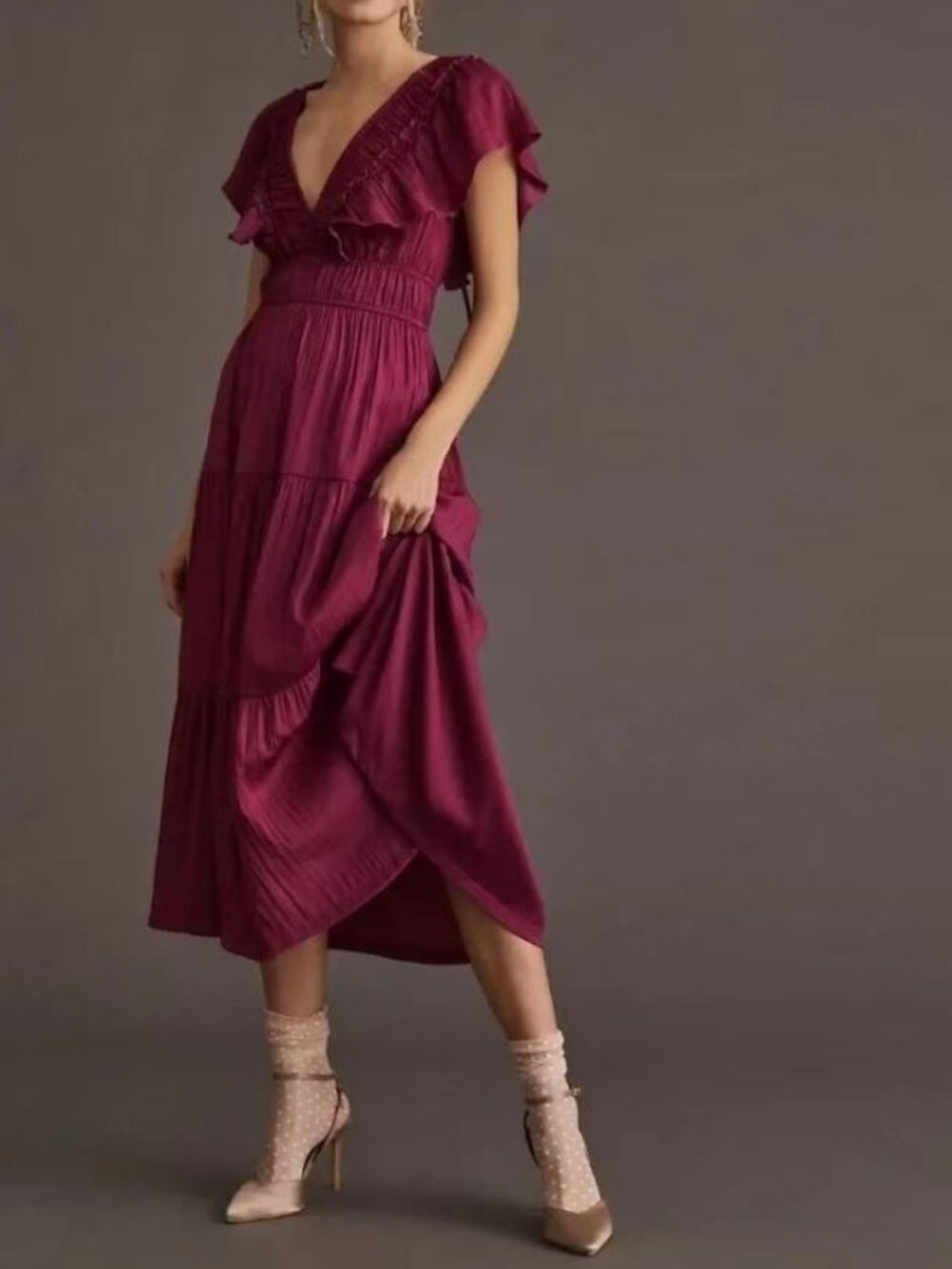 Anthropologie | Ruffled Tiered Silky Midi Dress in Berry | Size Large